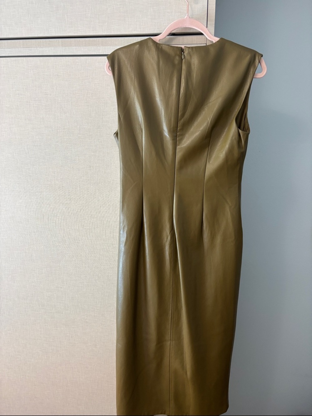 NWT Donna Karan New York Olive Green Faux-Leather side Ruched Midi Dress size 8 - Picture 7 of 7